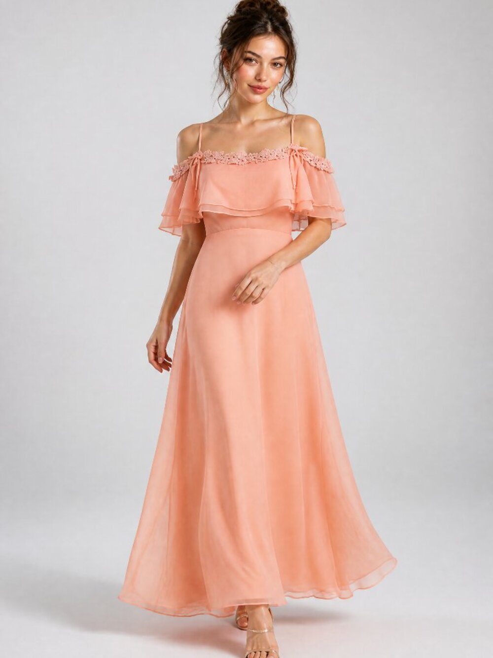 Vintage 70's Coral Pink Sleeveless Goddess Off-The-Shoulder Maxi Dress 6 8